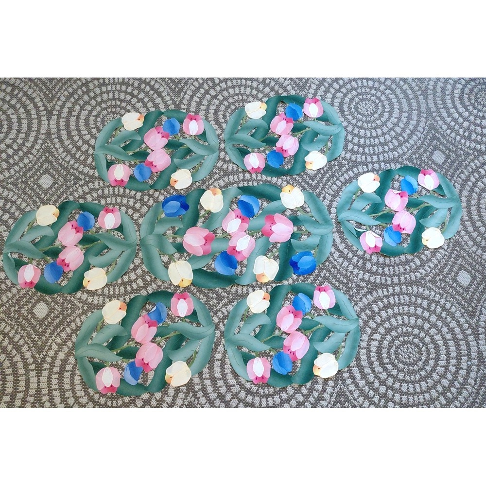 VTG‎ Embroidered Applique 6 Placemats Center Piece Tulip Floral Cut Outs Cottage